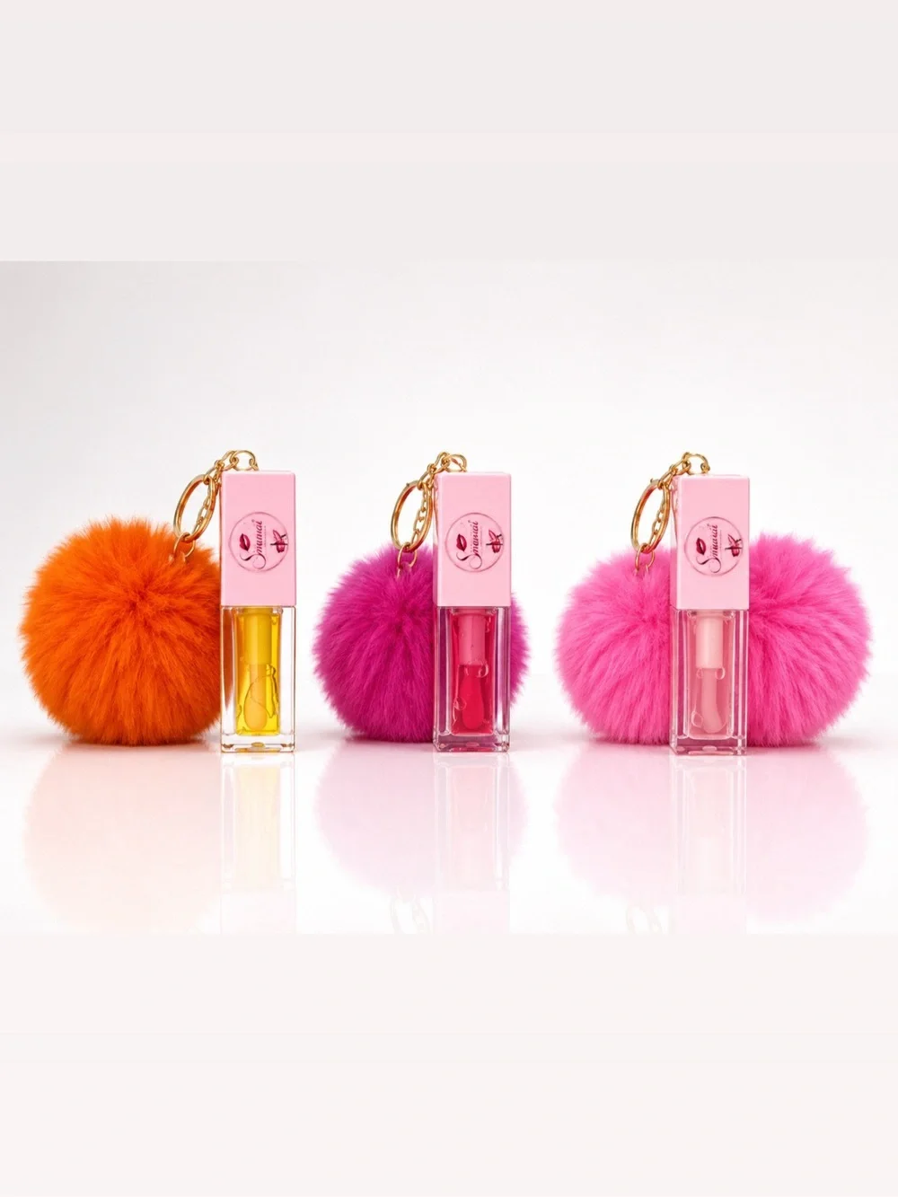 Pom Pom Lip Gloss Keychain Set - Orange, Magenta, Hot Pink